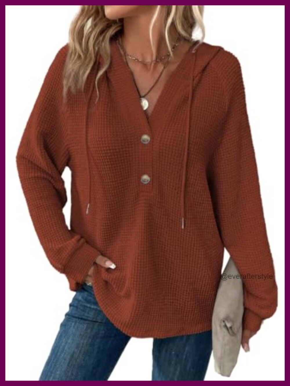 Waffle Knit Hoodie Womens Button V Neck Oversized Pullover Sweatshirt